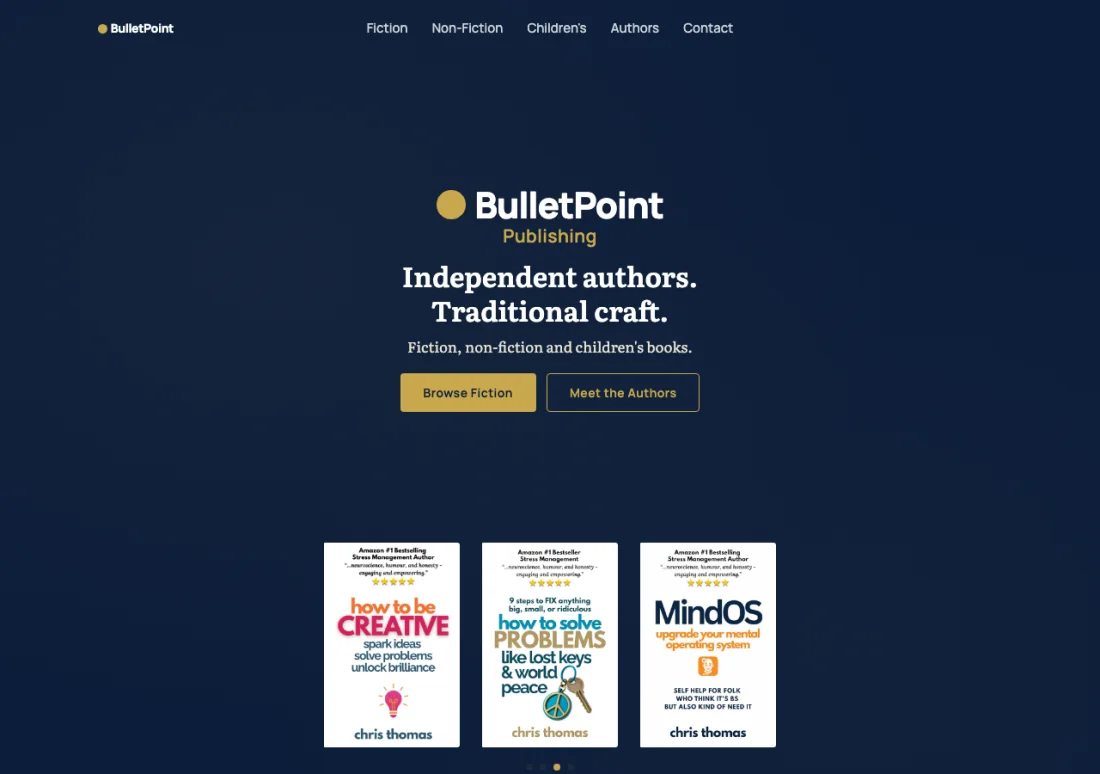 The •BulletPoint Publishing home page, headed Independent authors, traditional craft, with three book covers beneath