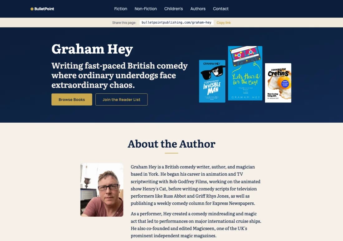 Graham Hey’s author page on the imprint site, with his three book covers at the top