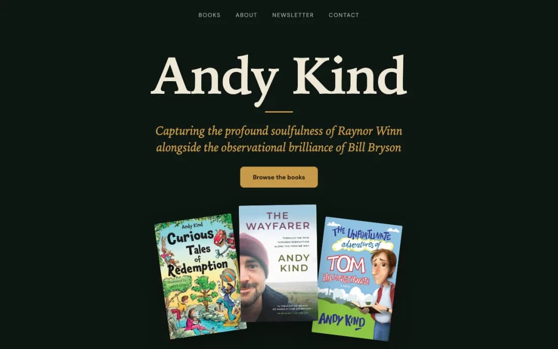 The author page for Andy Kind, with three book covers on a dark green background