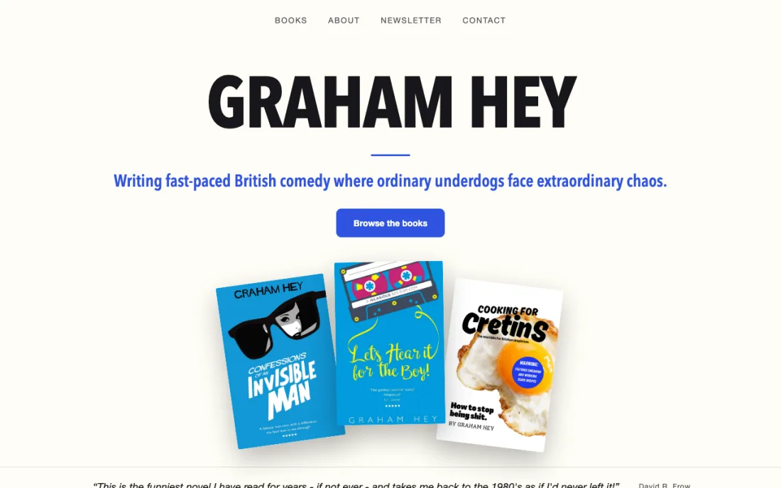 The author page for Graham Hey, with three comedy book covers on a pale background
